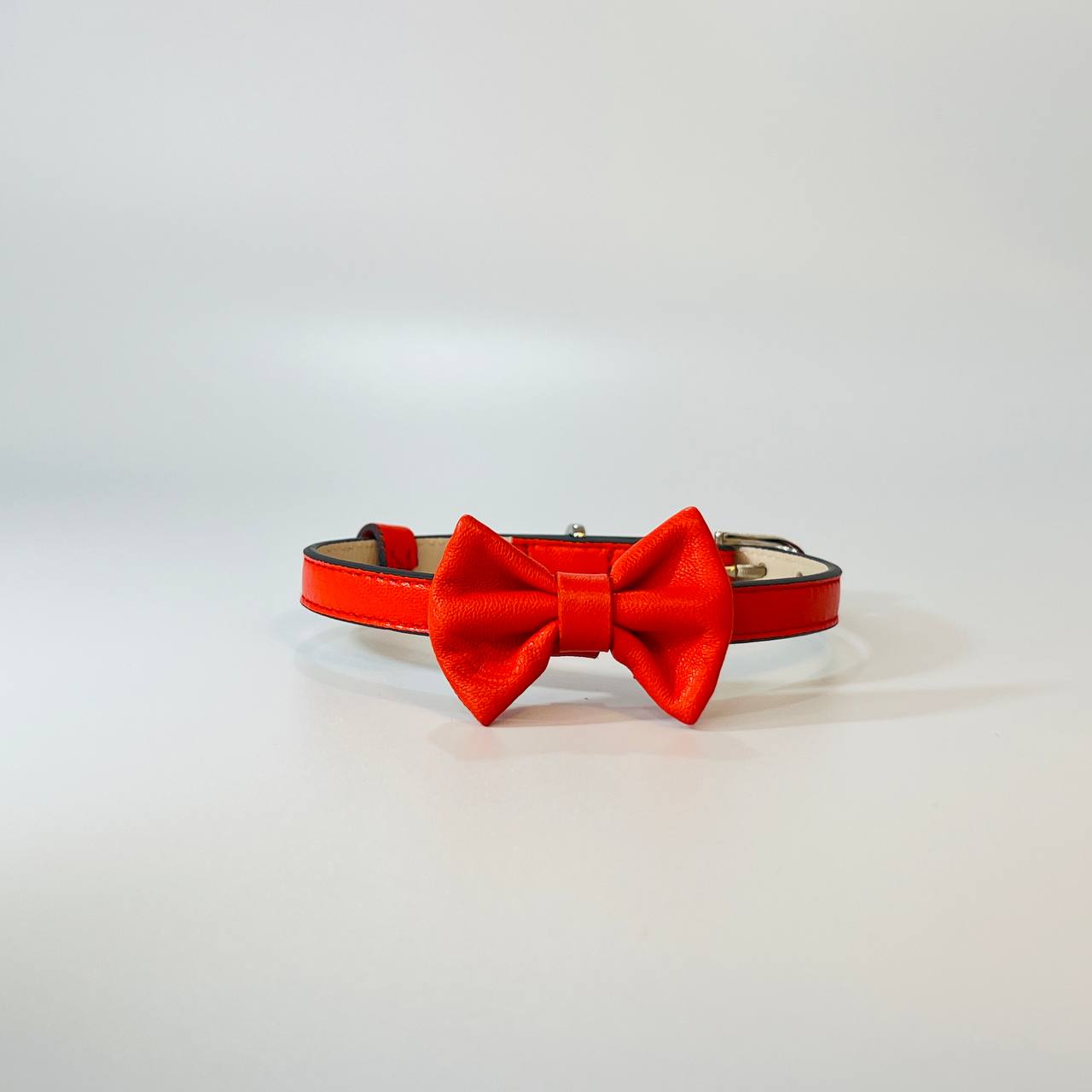 Red dog collar with a bow tie on a light gray background