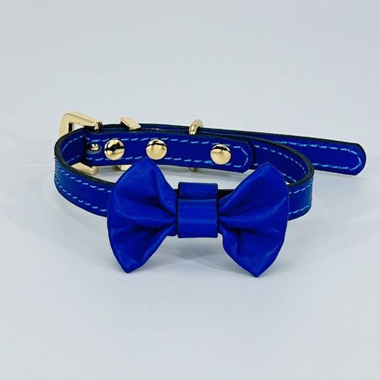 Handcrafted Leather Pet Collar with Stylish Bow & Golden Metals